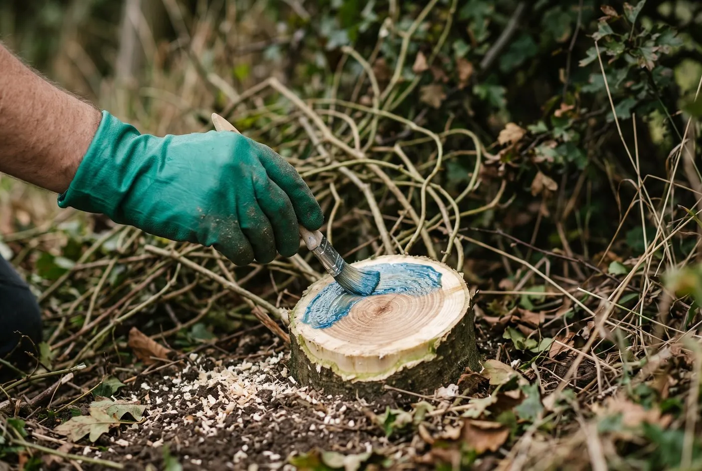 A gloved hand painting glyphosate gel onto a freshly cut woody Russian vine stump at the base of a rural hedge