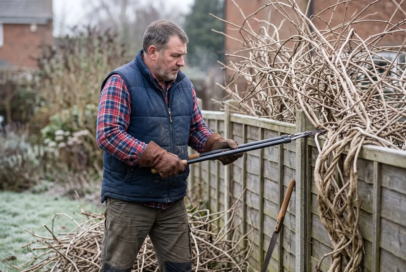 A man in his sixties cutting back rampant Russian vine off a suburban fence with loppers, gloved hands gripping a thick woody stem