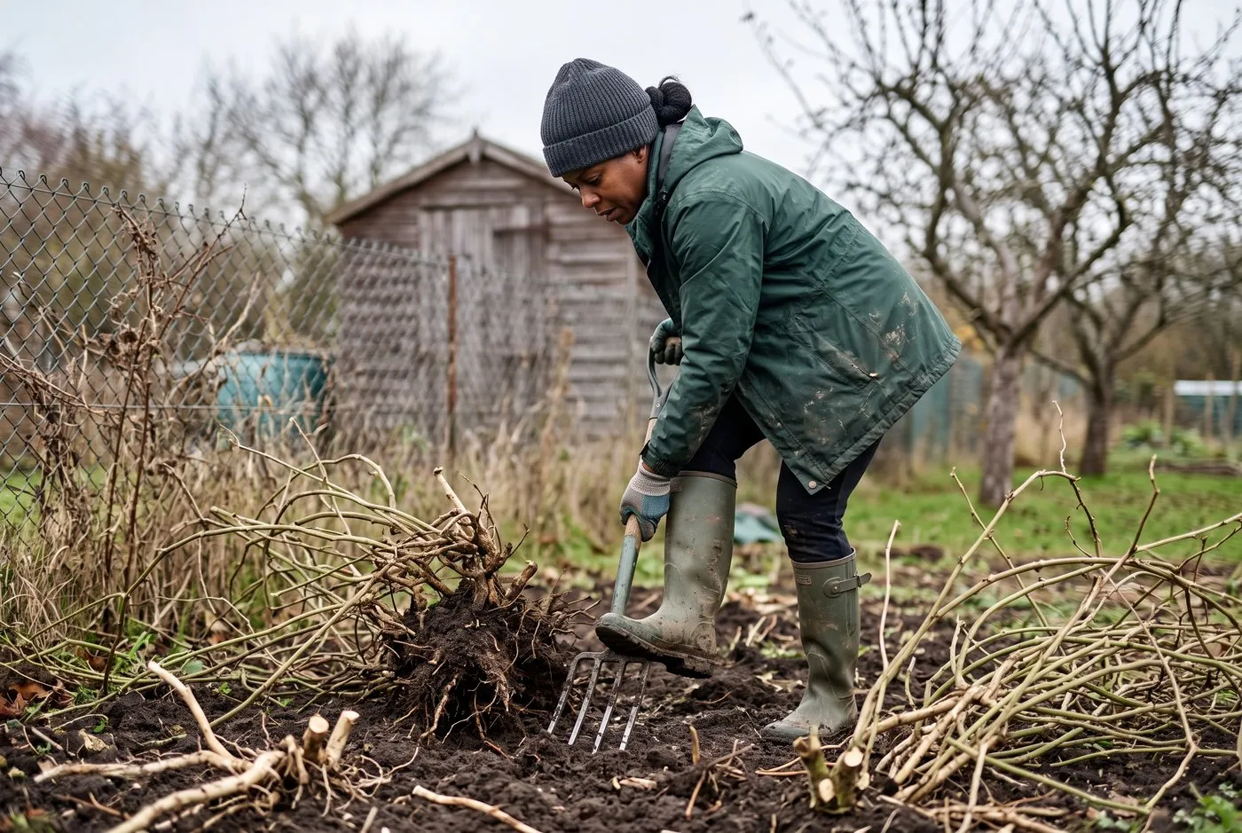A woman in her forties digging out a woody Russian vine crown with a garden fork at an allotment boundary, soil turned around the root mass