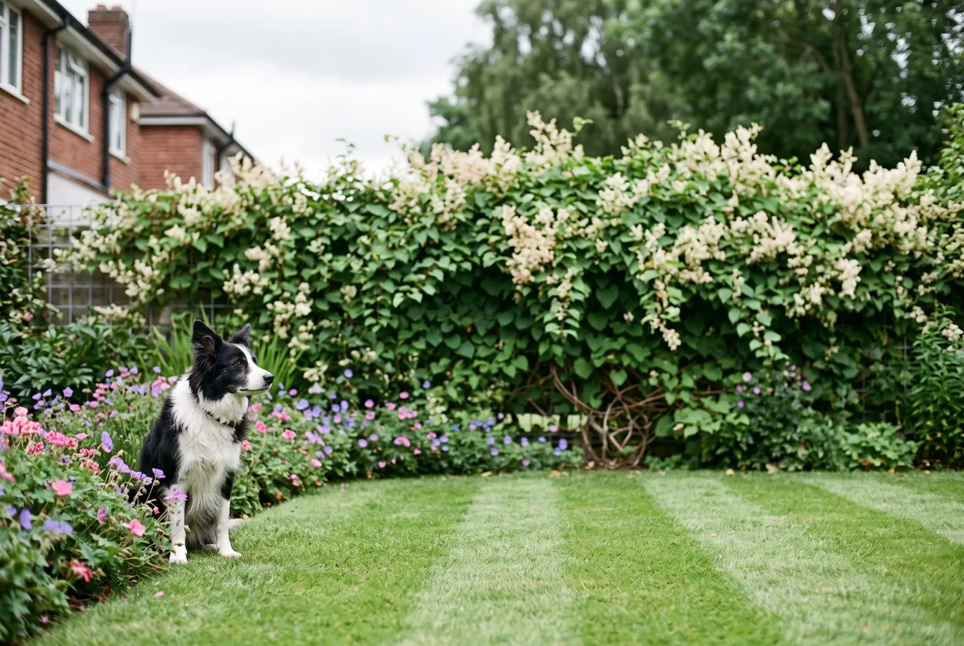 A dog sitting on a suburban lawn watching a fence covered in flowering Russian vine used as a fast green screen