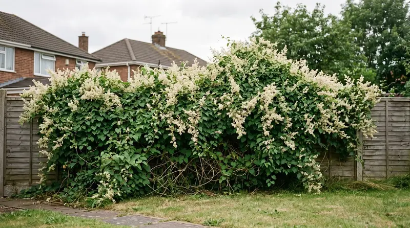 Russian vine smothering a suburban fence with foamy white flower sprays over heart-shaped leaves in a UK garden