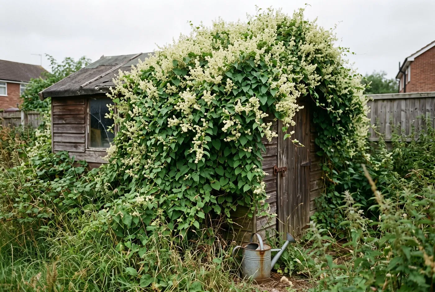 Russian vine smothering a derelict shed in an overgrown garden corner, heart-shaped leaves and pale flowers covering the roof