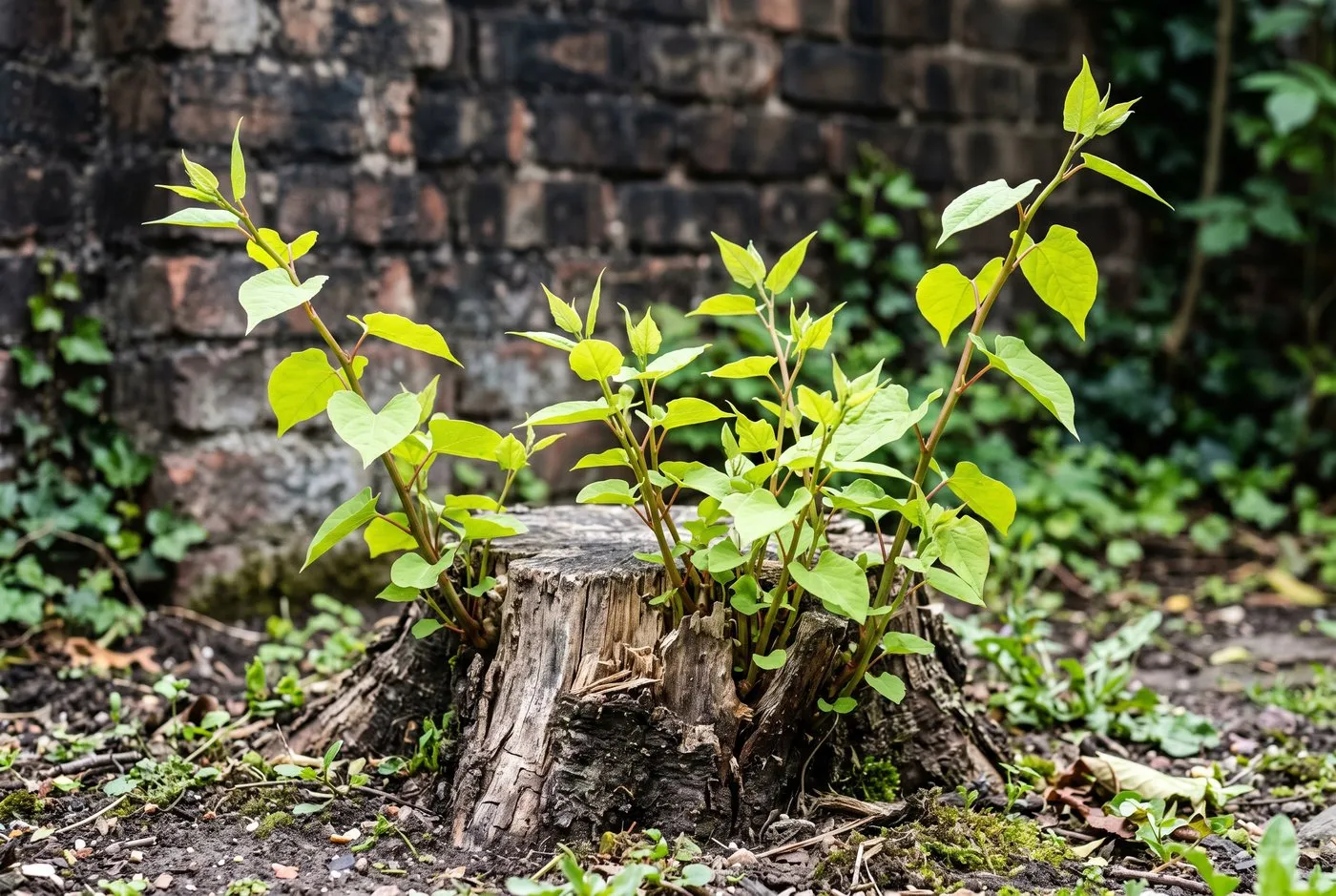 Fresh green Russian vine regrowth pushing from a cut woody stump in a terraced back garden, showing why cutting alone fails