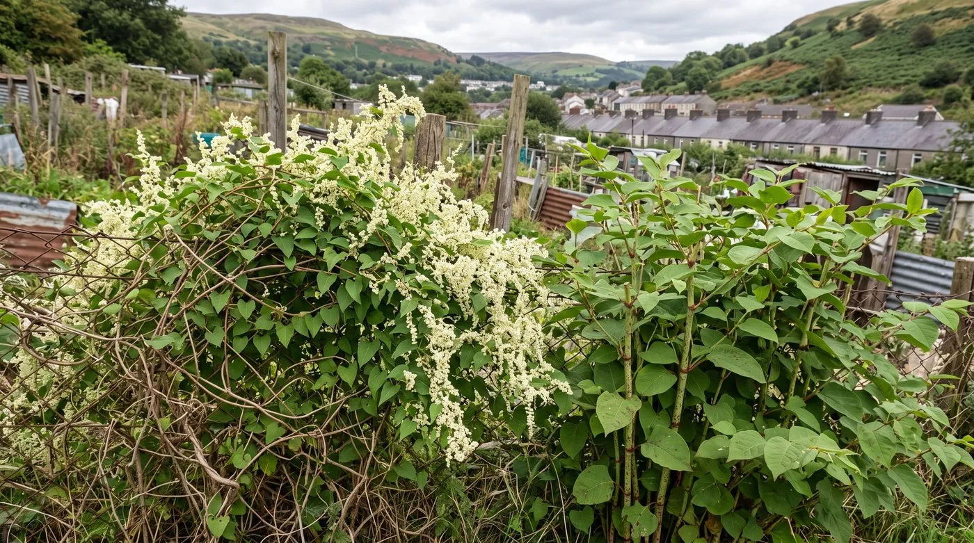 Twining Russian vine stems on a fence beside upright speckled Japanese knotweed canes
