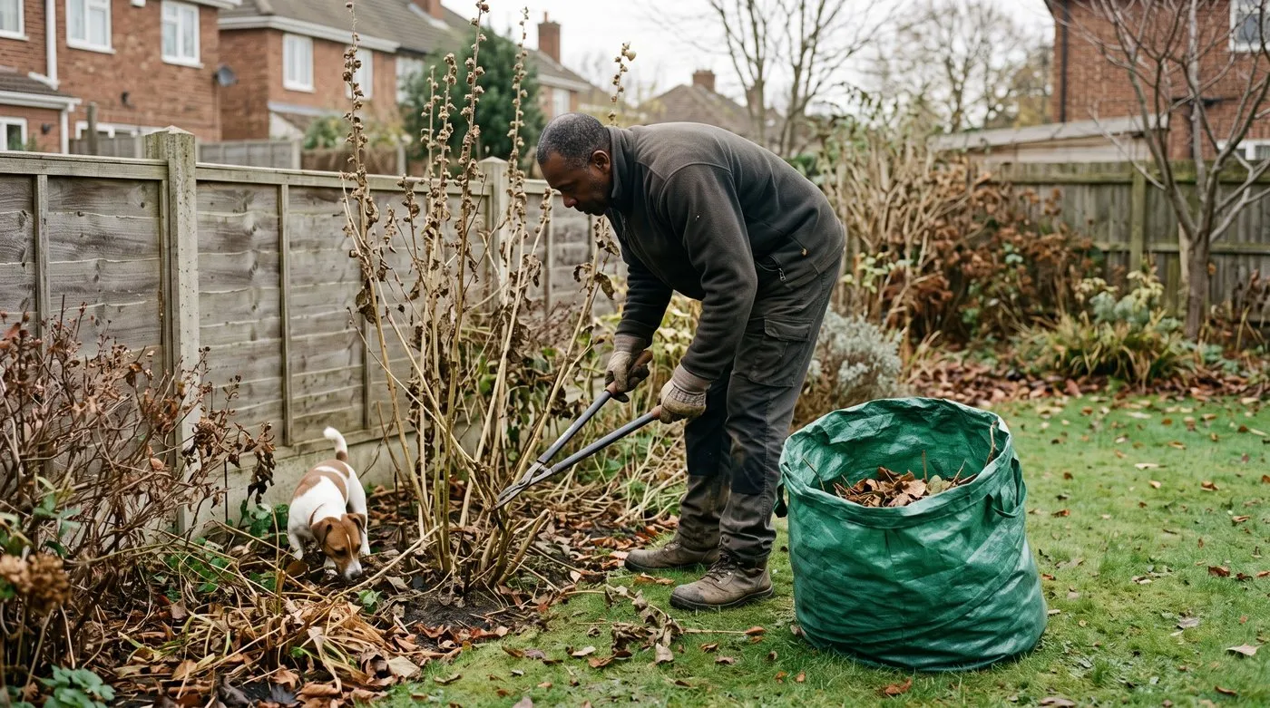 Man cutting old hollyhock stems to the ground in autumn as a terrier sniffs the border