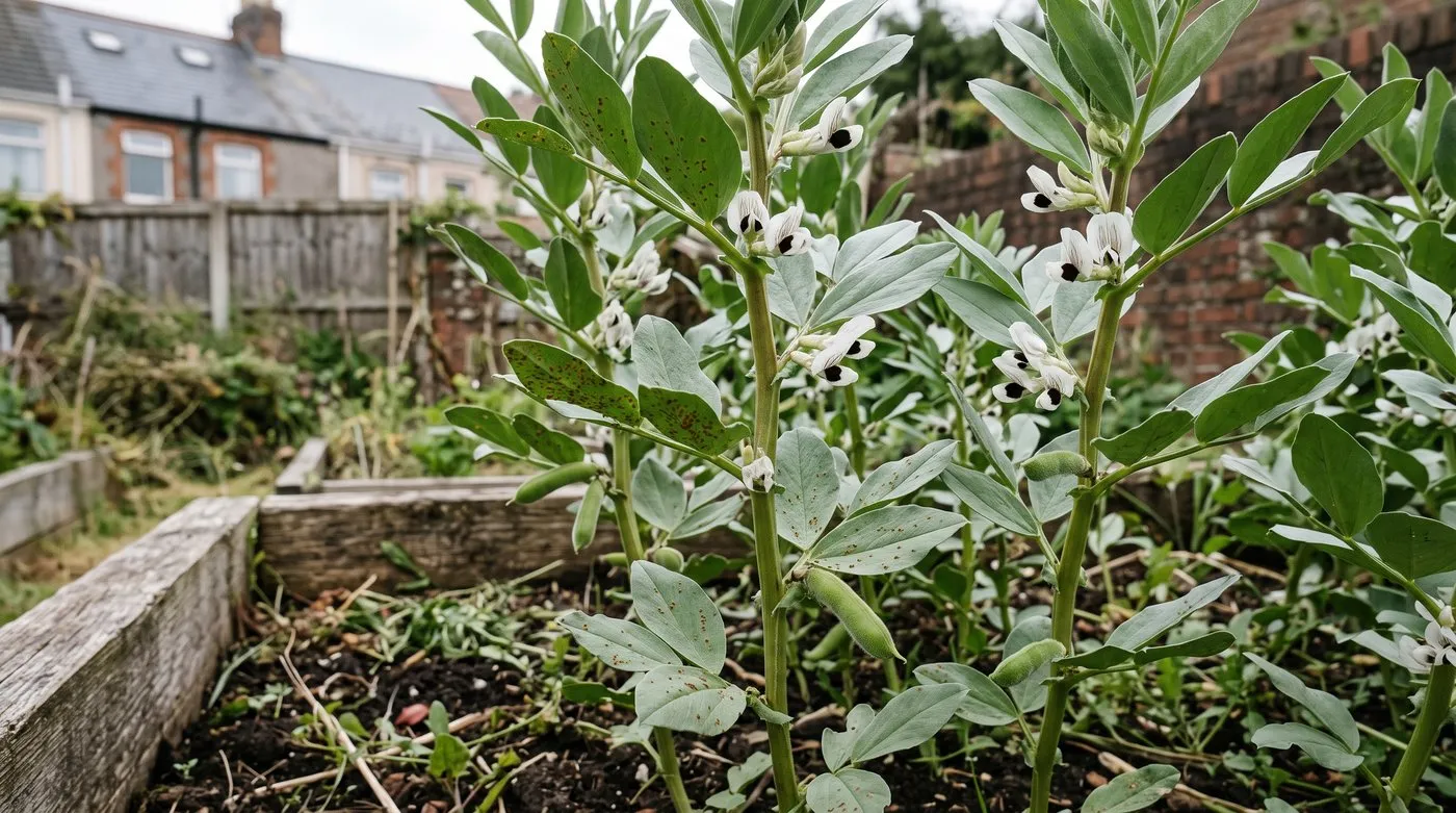 Broad bean leaves speckled with small reddish-brown rust pustules