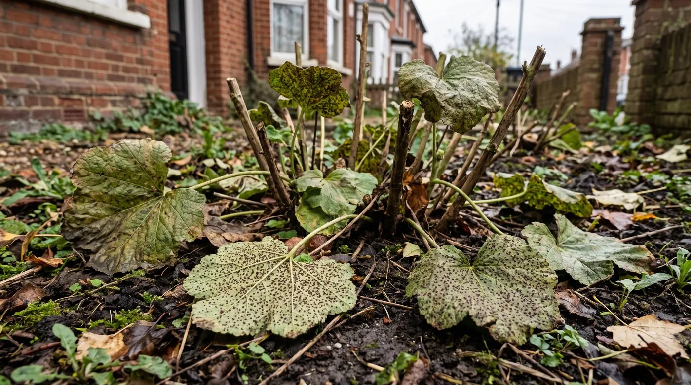 Fallen hollyhock leaves on soil with dark brown late-season rust spots