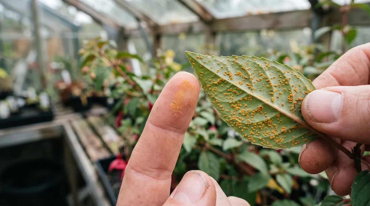 Fingertip with an orange dusty smear beside a fuchsia leaf dotted with rust pustules