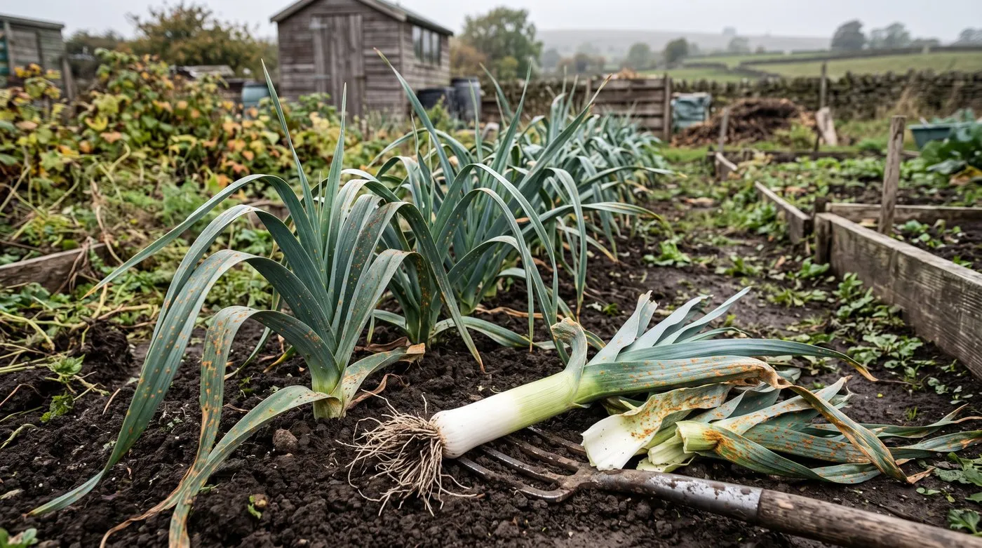 Leeks with orange rust spots on the leaves, one lifted with outer leaves peeled to a clean shaft