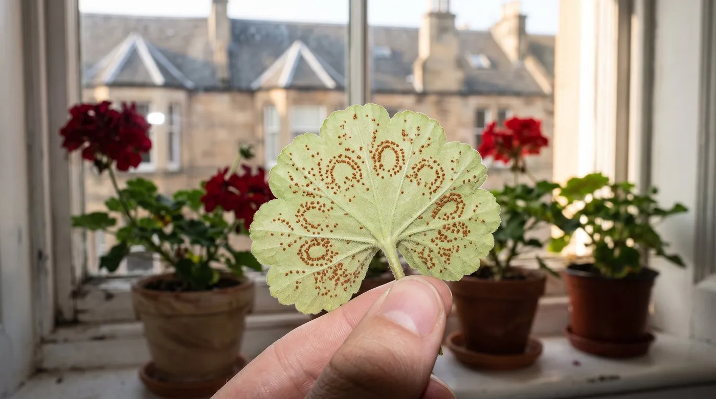 Underside of a pelargonium leaf with brown rust pustules arranged in rings