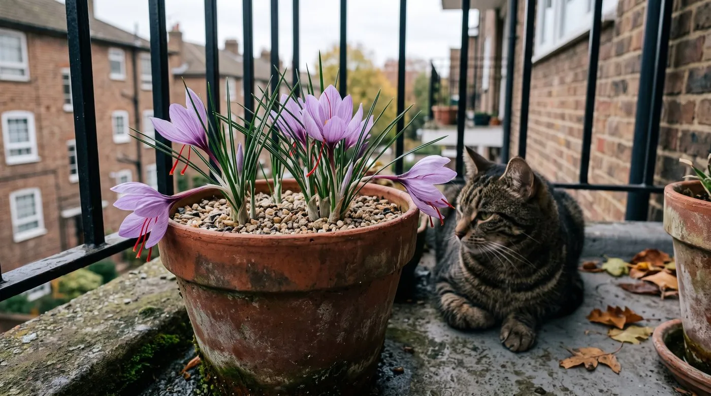 Saffron crocus flowering in a deep terracotta pot on a city balcony with a tabby cat beside it