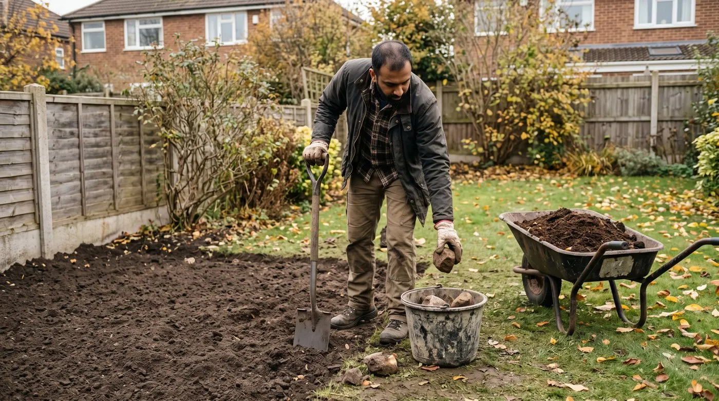 Gardener digging a deep vegetable bed and picking out stones before sowing salsify
