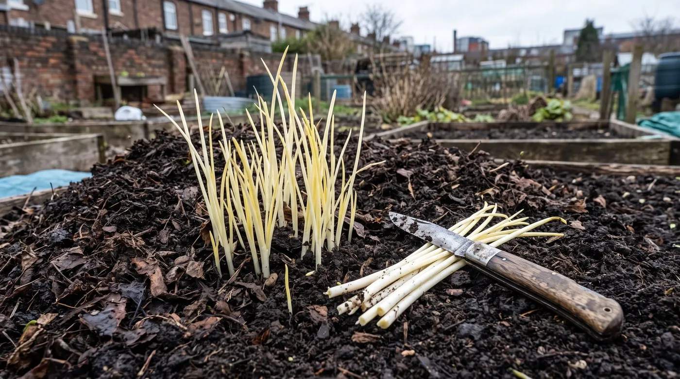Pale blanched salsify chards pushing up through a mound of leaf mould in early spring