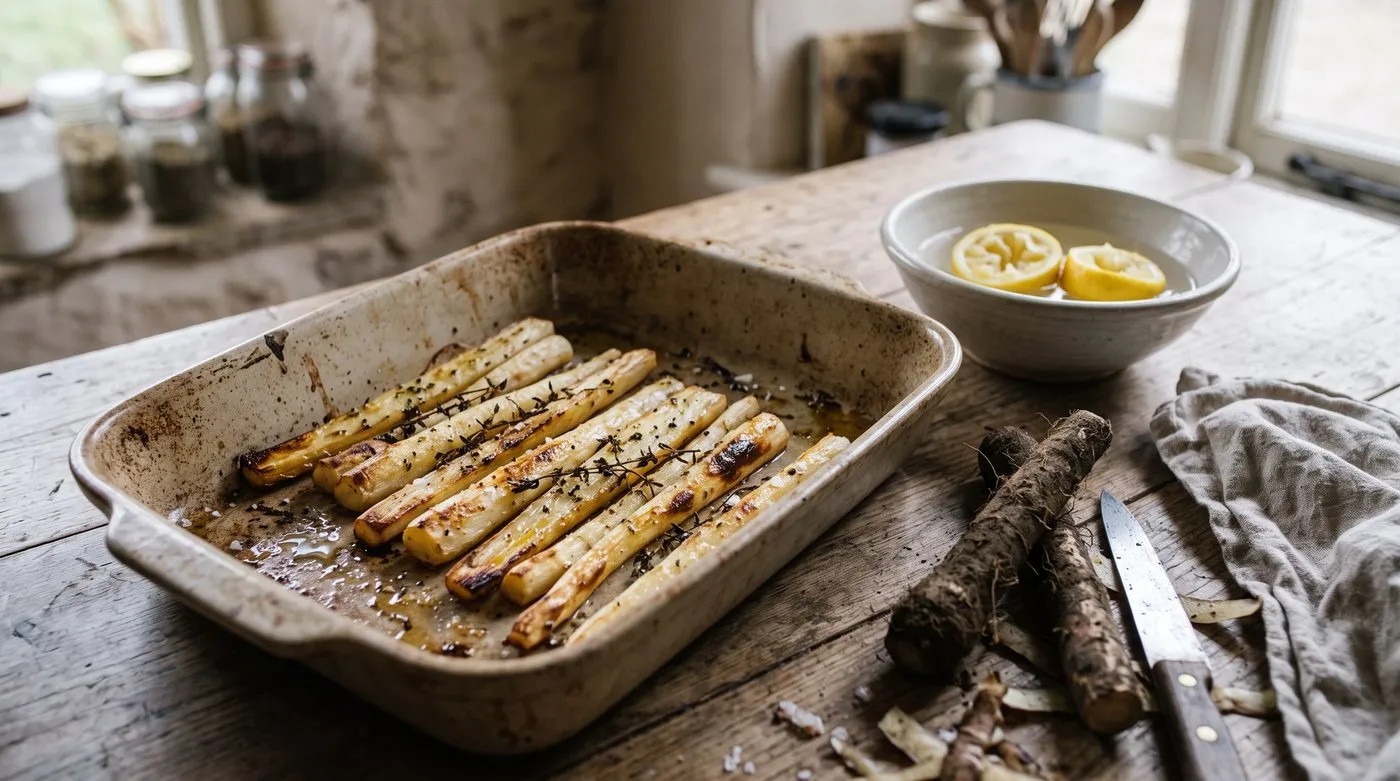 Roasted salsify and scorzonera batons with thyme in an oven dish beside raw roots
