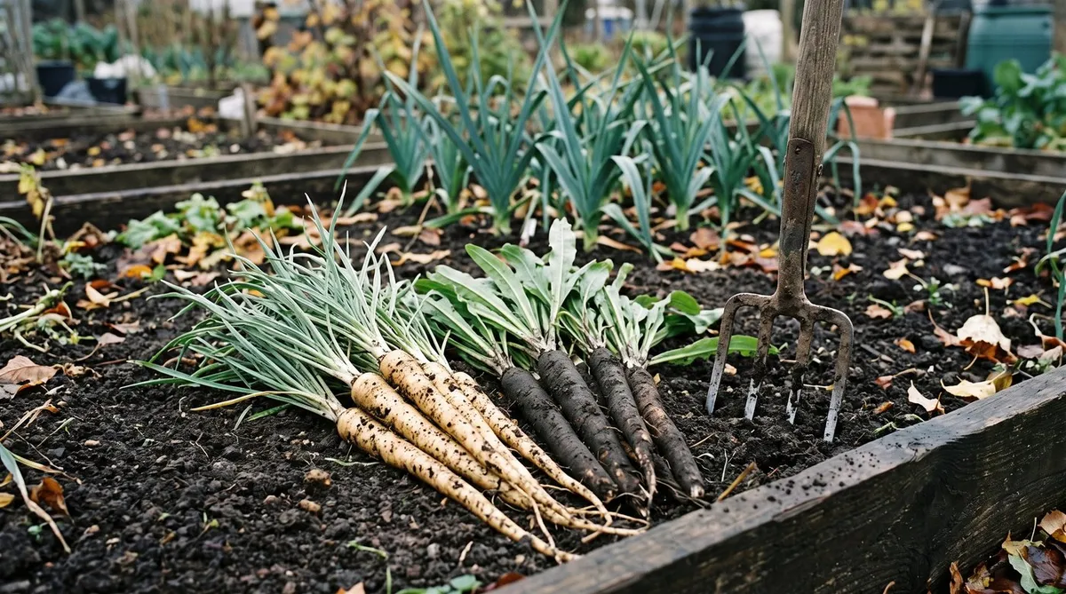 Freshly lifted creamy salsify and black scorzonera roots side by side on an allotment bed in late autumn