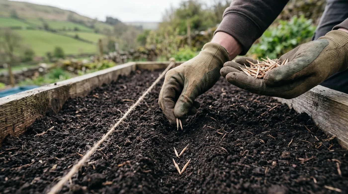 Long, thin salsify seeds being sown in pairs in a shallow drill in fine soil