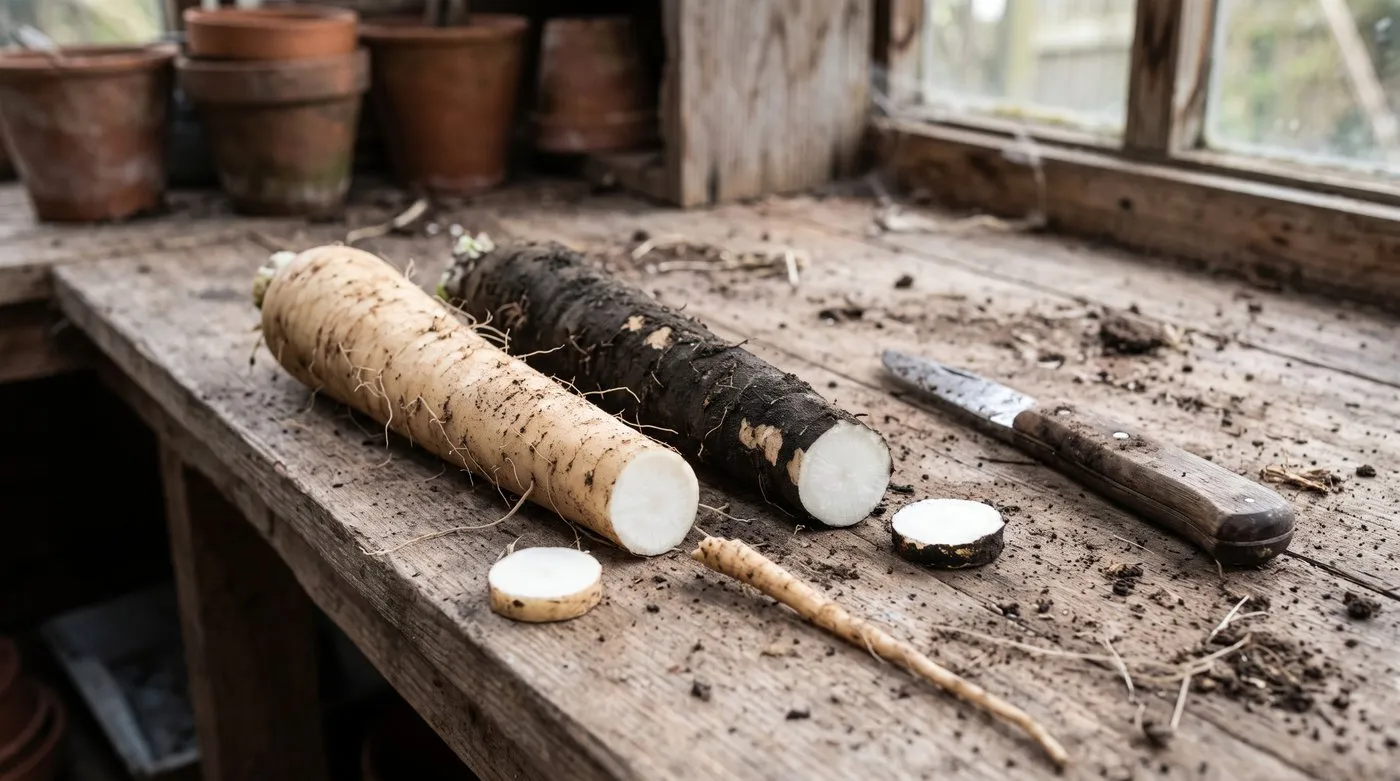 A creamy salsify root beside a black-skinned scorzonera root, both cut to show white flesh inside