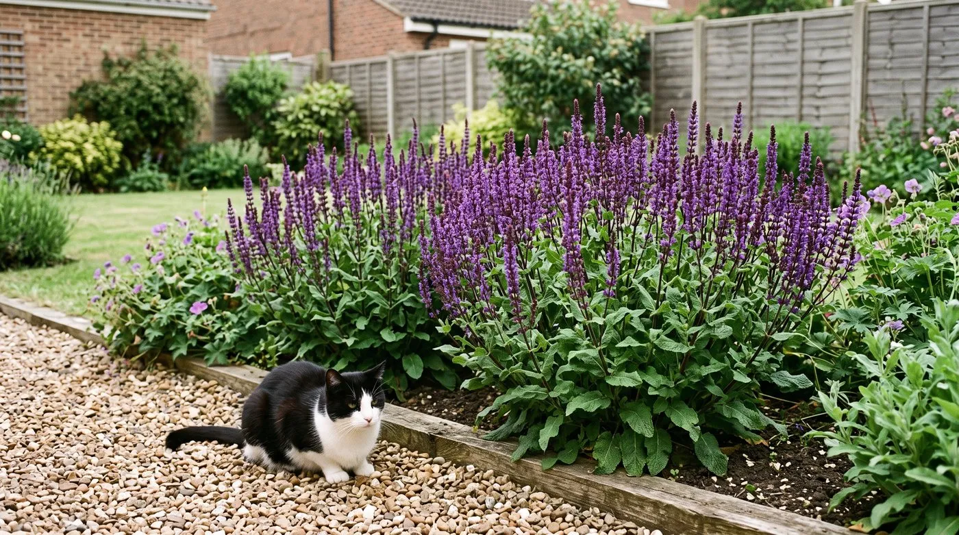 Drift of deep purple salvia Caradonna on dark stems with a cat on the gravel path