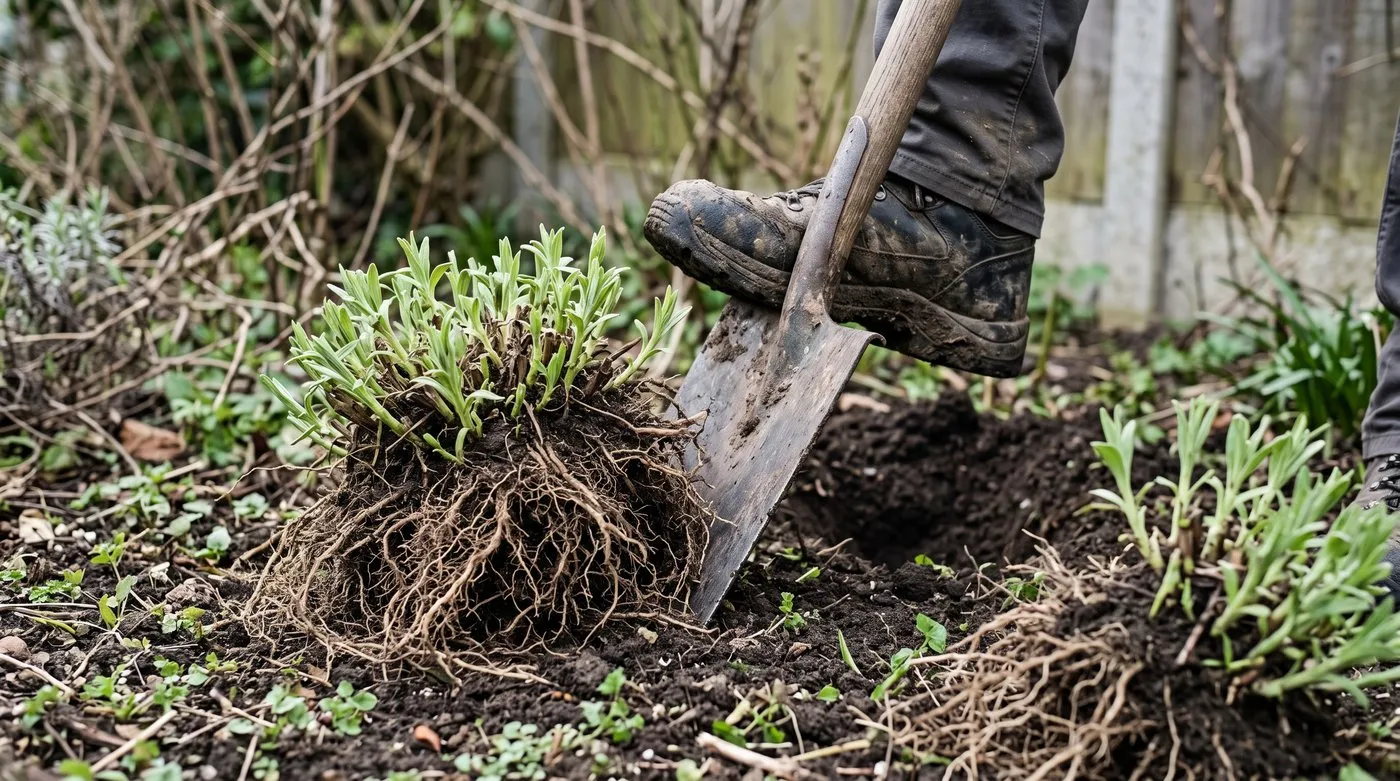 Clump of hardy salvia being split into pieces with a spade in early spring
