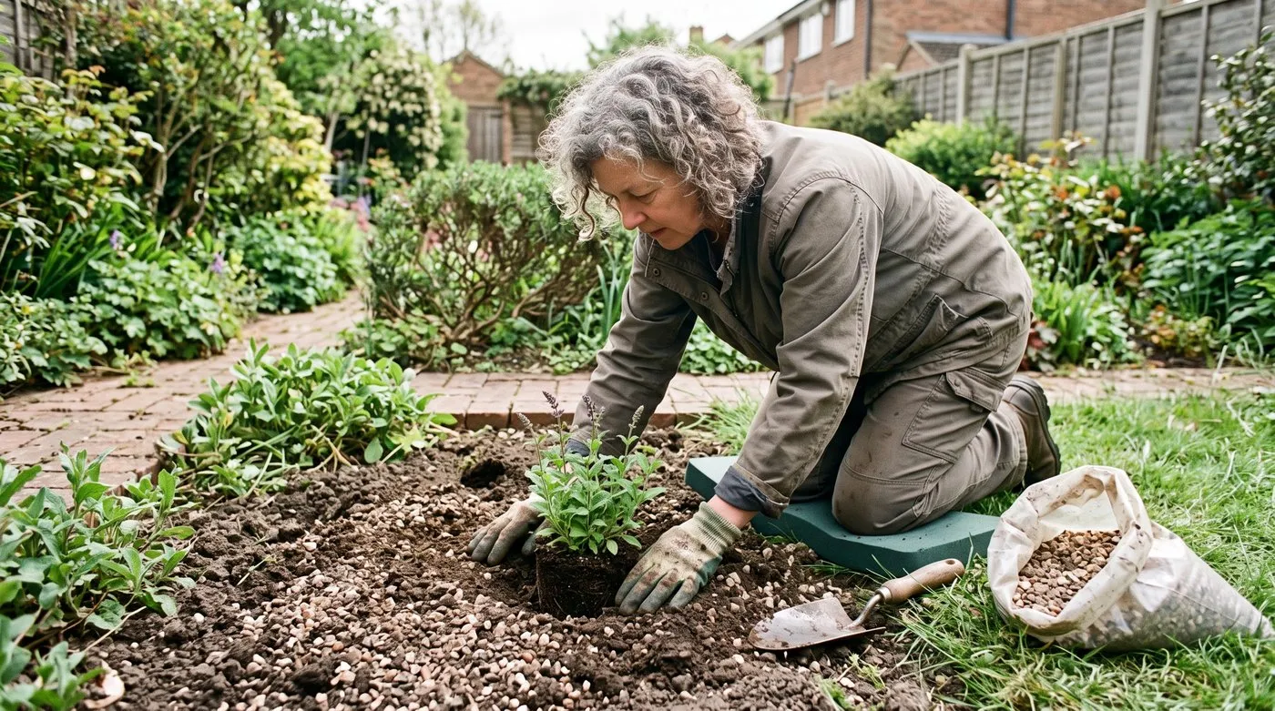 Woman planting a young salvia level with the soil in a sunny border improved with grit