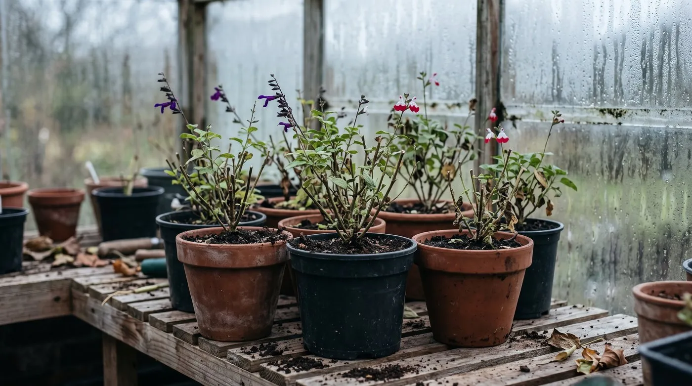 Tender salvias lifted and potted up to overwinter on frost-free greenhouse staging