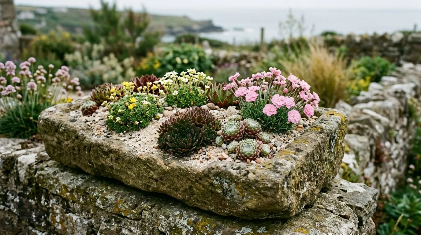 Raised alpine sand bed in a stone trough on a UK seaside garden wall, planted with Sempervivum, Saxifraga and sea thrift