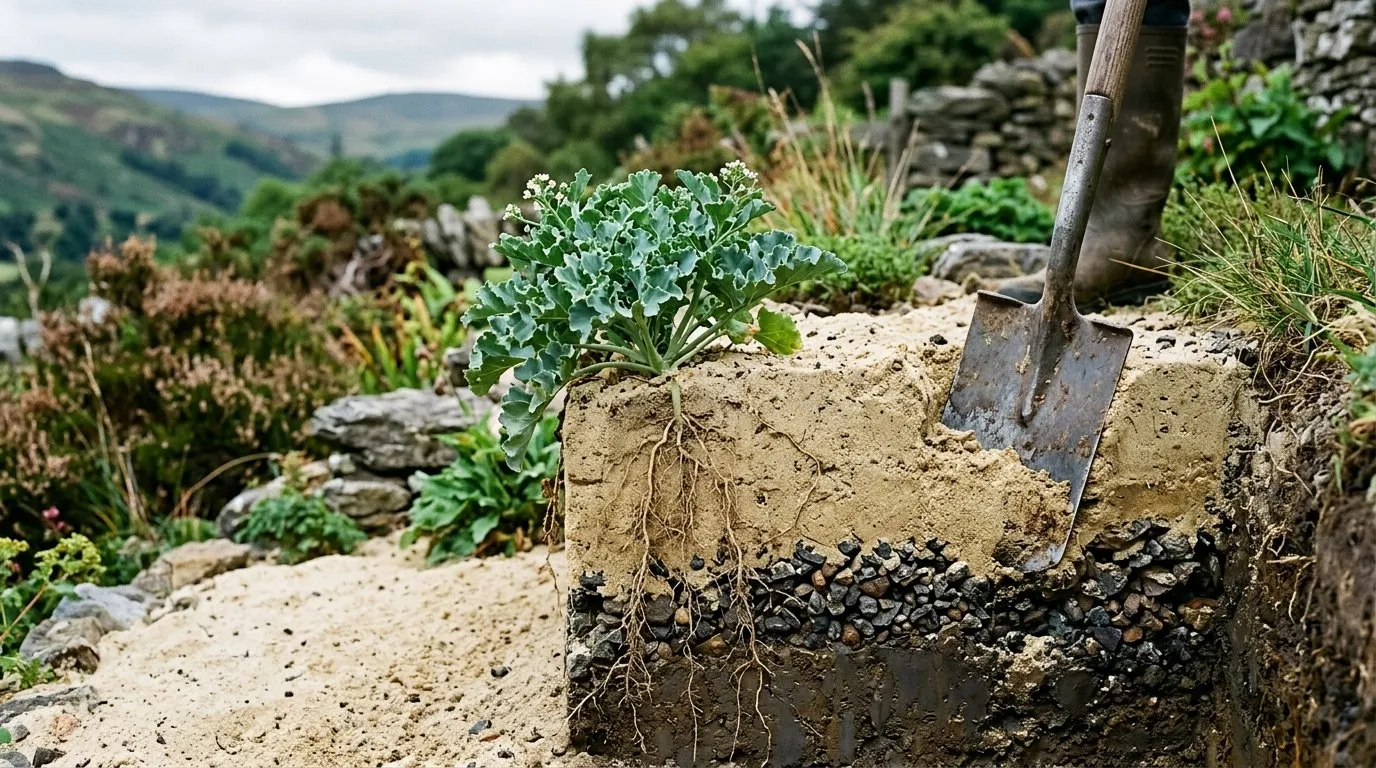 Cross-section of a UK sand garden bed on a Welsh hillside showing 25cm of sharp sand over a 10cm gravel drainage layer above clay subsoil