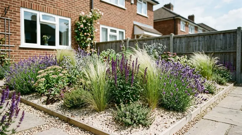 Drought-resilient sand garden border in full sun in a UK suburban garden