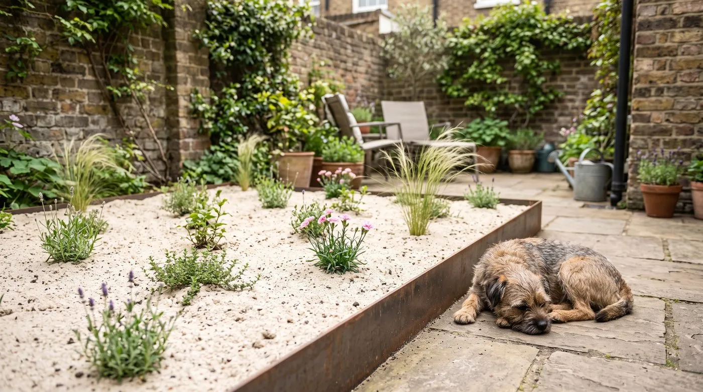 Newly planted sand bed with young lavender, thyme and grasses spaced in open sand, a terrier beside it