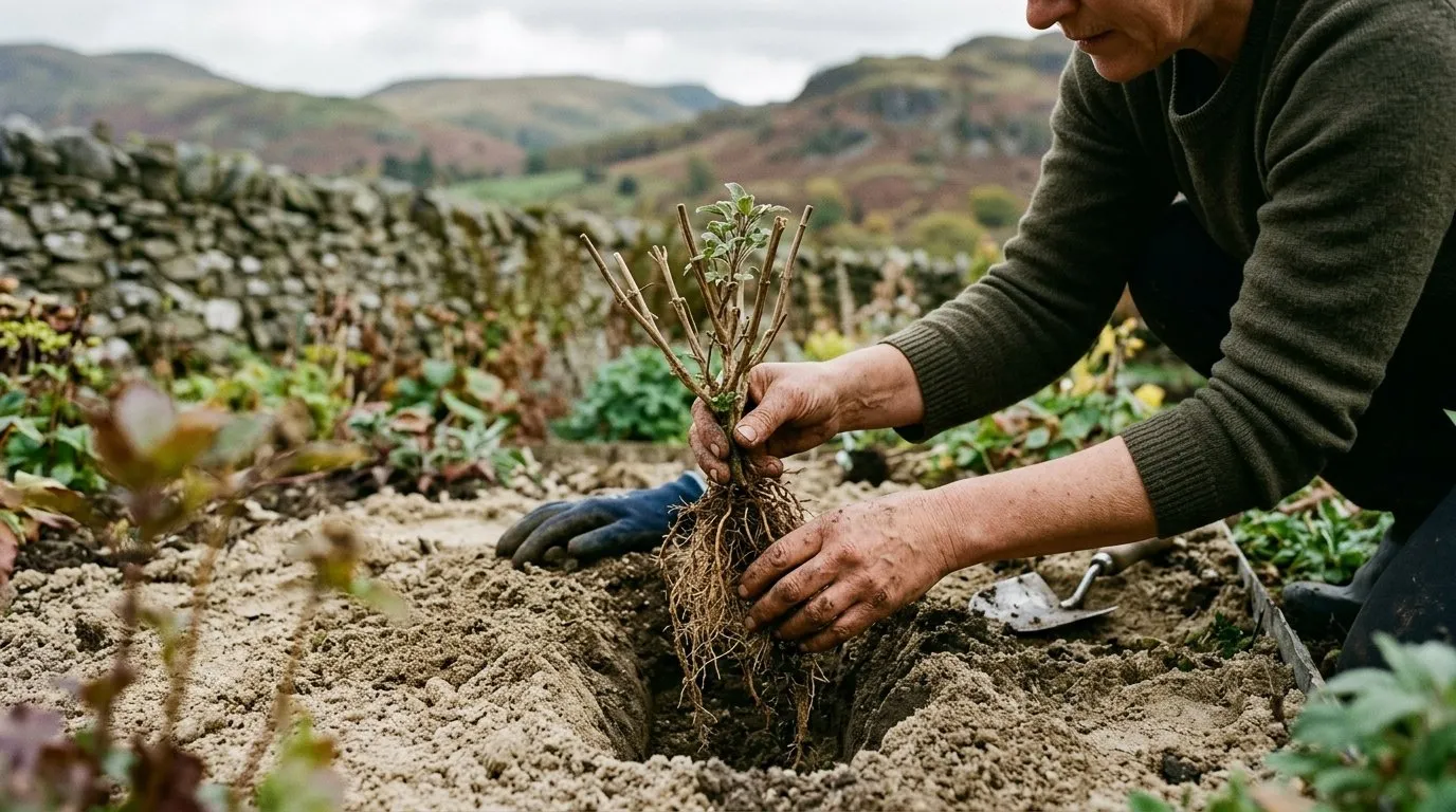 Gardener planting a bare-root Salvia into a sand bed in a Lake District garden, roots rinsed clean and fed into a deep narrow hole