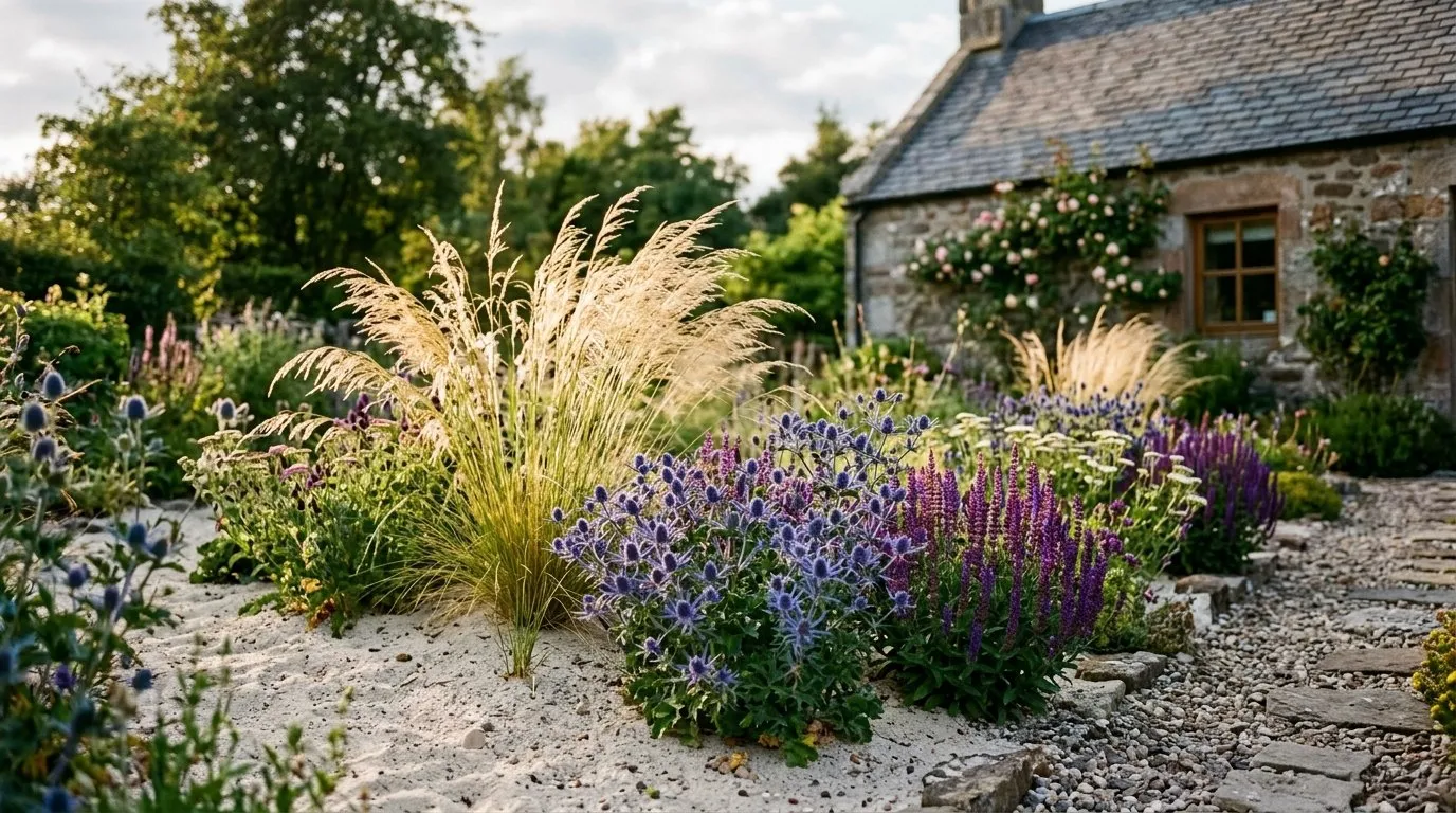 Established prairie-style sand garden in a UK Scottish garden with Stipa grasses, Salvia and Eryngium in full flower under summer sun