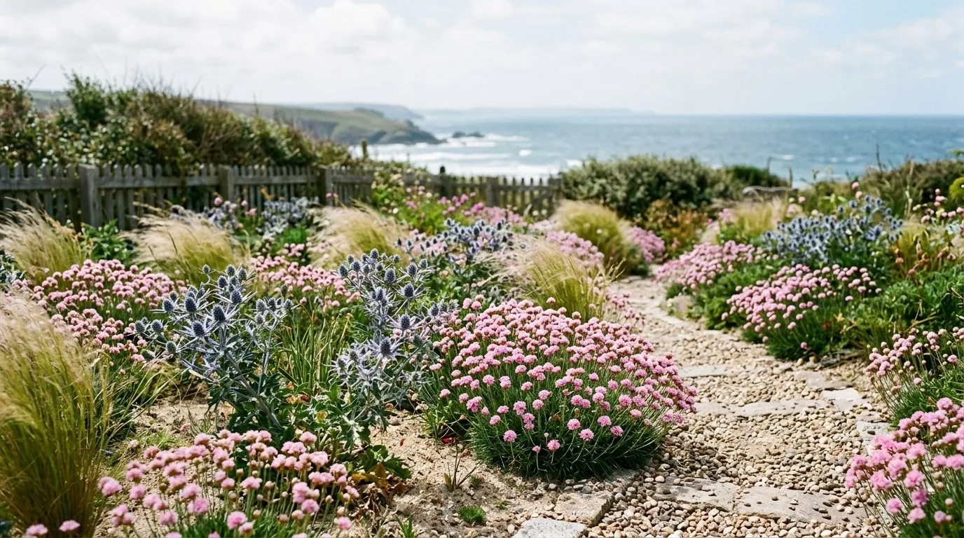 Seaside sand garden on the coast with sea thrift, Eryngium and grasses growing in improved sandy ground under coastal light