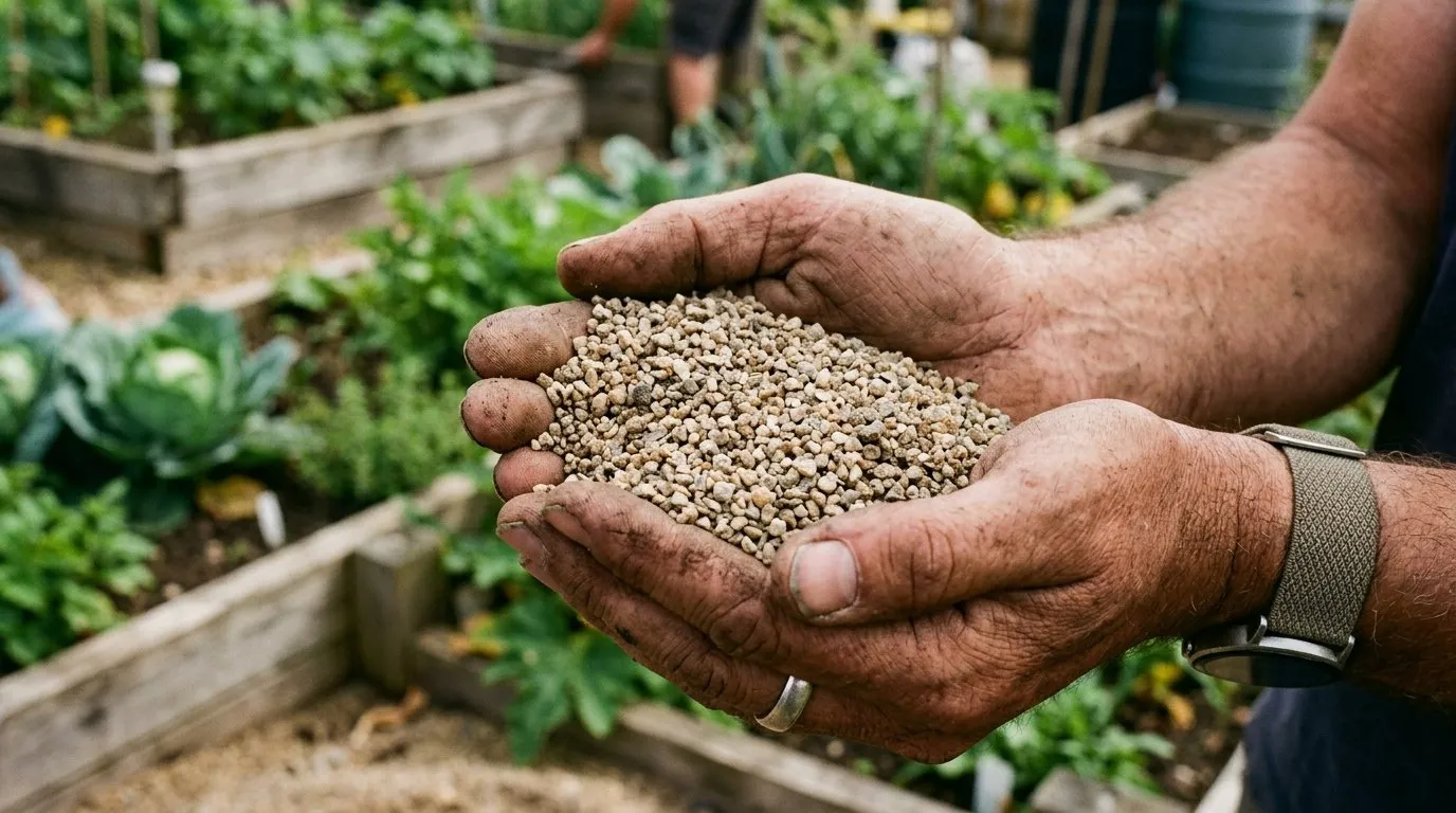 Close-up of washed lime-free sharp sand held in a gardener's hands on a UK allotment showing the gritty 1 to 4mm particle size