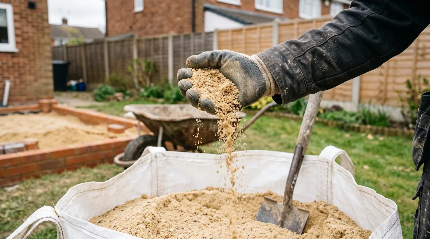 Gloved hand holding gritty washed sharp sand over a bulk bag beside a new sand bed
