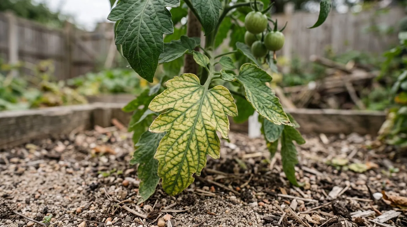 Tomato leaf yellowing between green veins, a sign of magnesium shortage on sandy soil