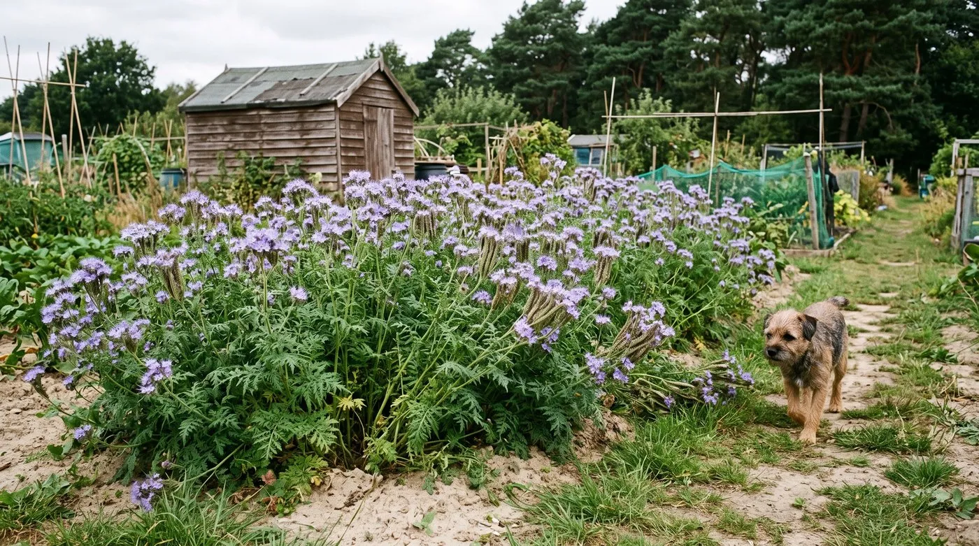 Phacelia green manure flowering on a sandy allotment bed as a terrier trots along the path