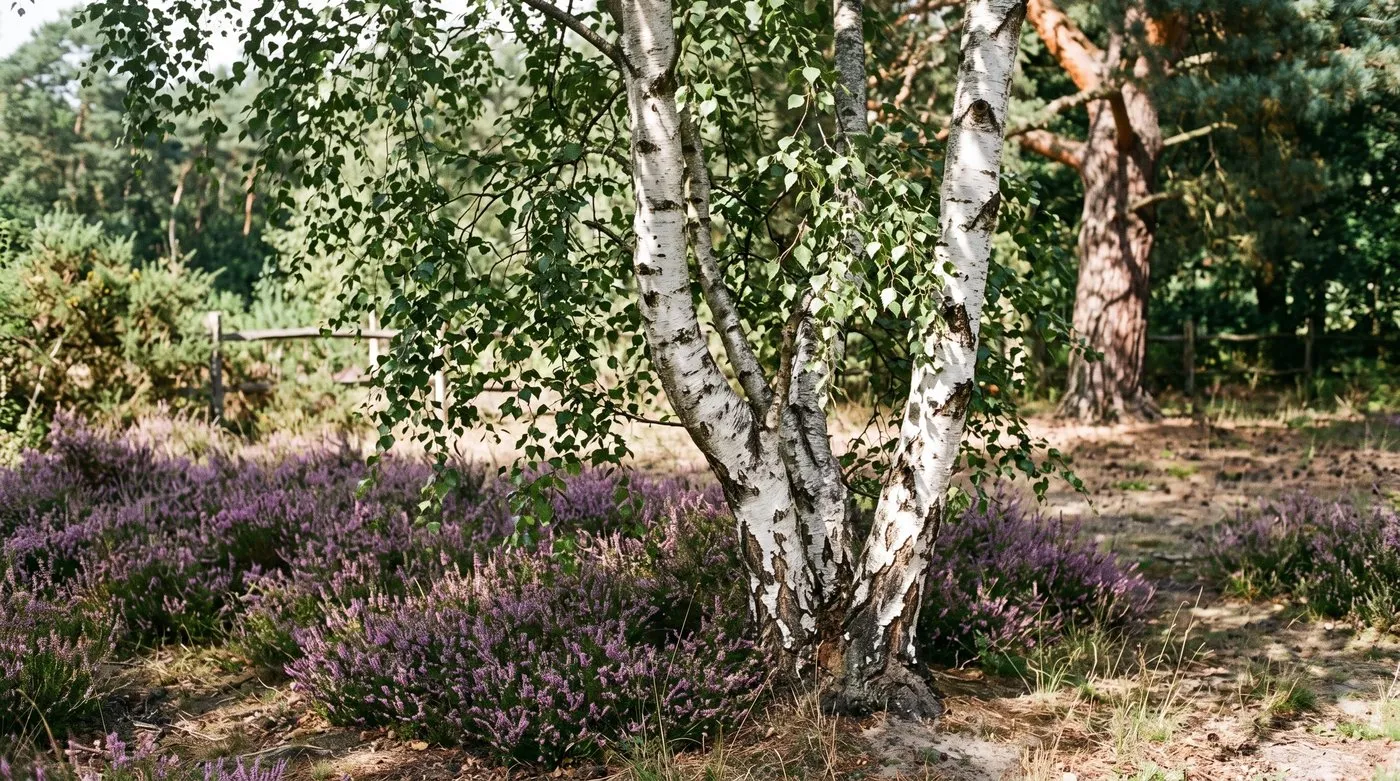 Silver birch with white bark underplanted with purple heather in a sandy heathland-style garden