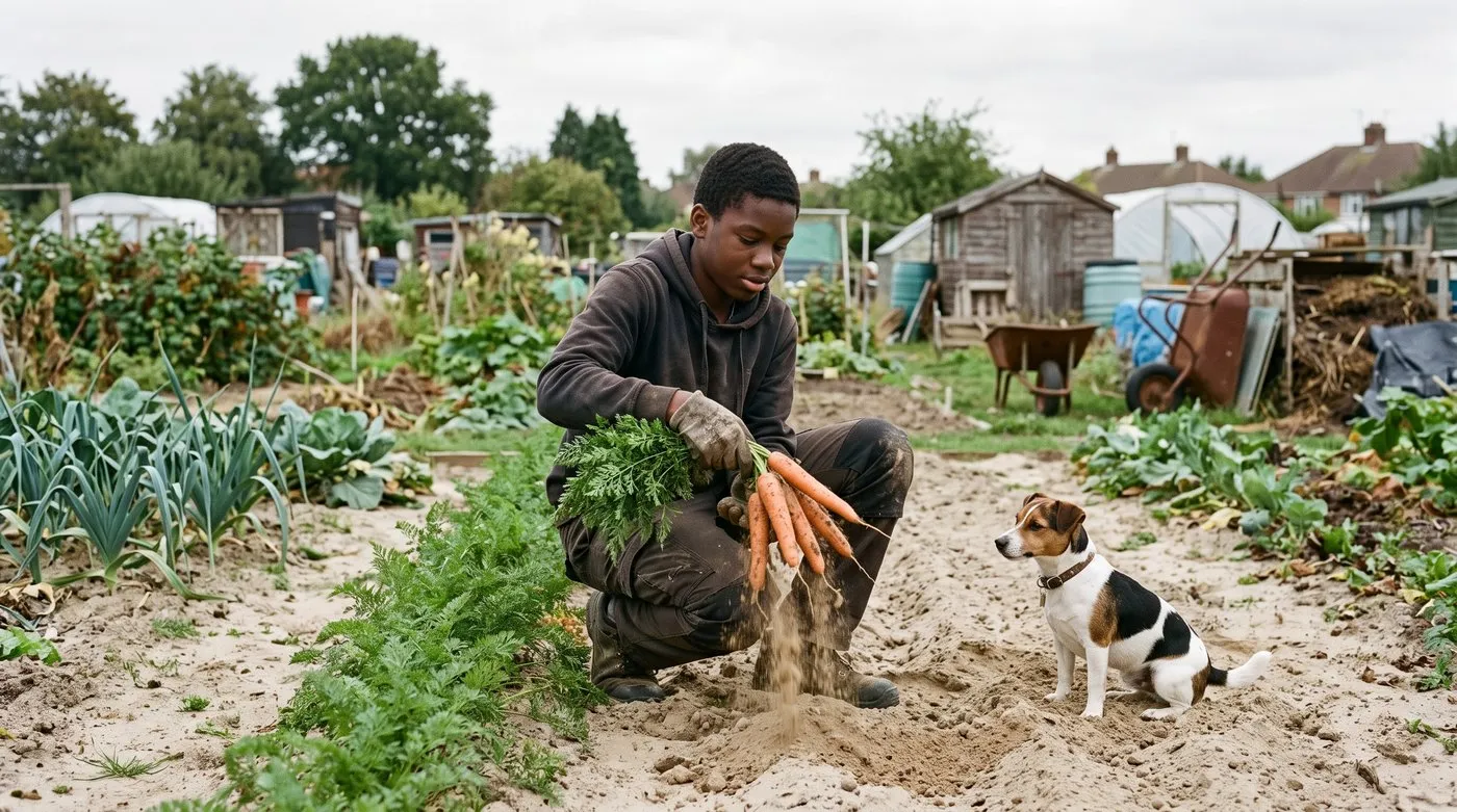 Teenager pulling long straight carrots from light sandy soil on an allotment, with a terrier watching