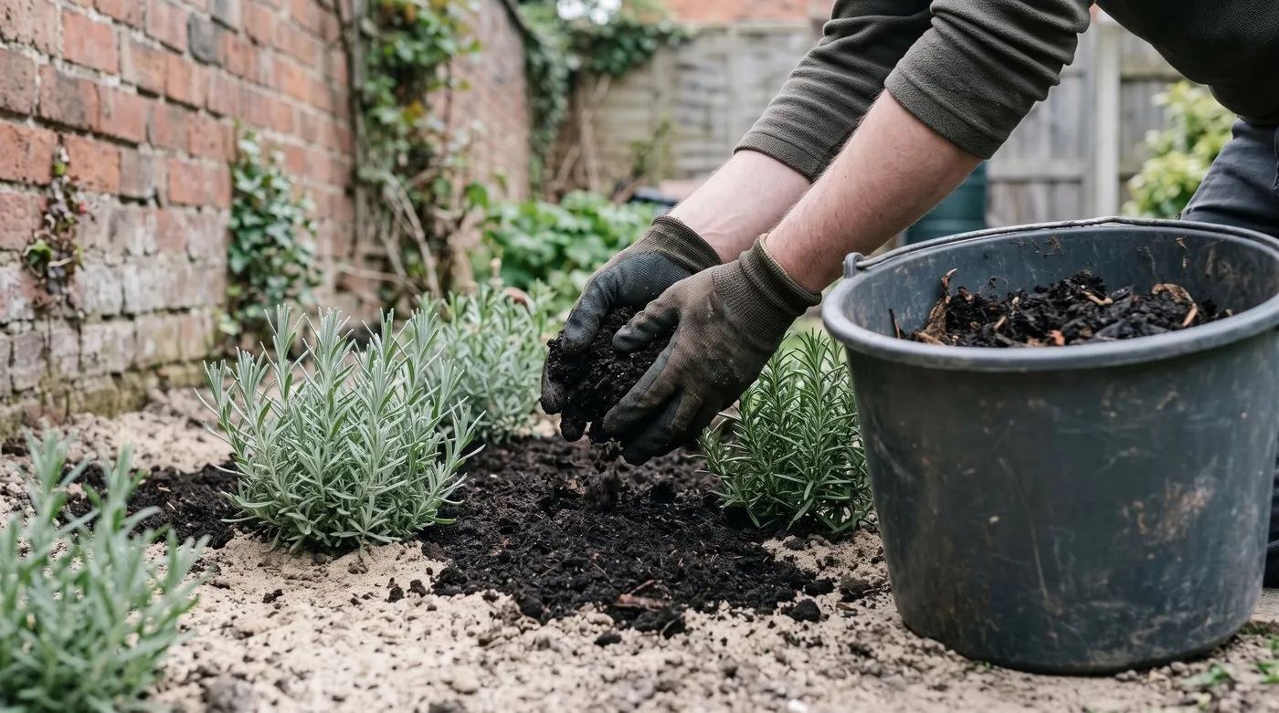 Gloved hands spreading dark compost mulch around young lavender and rosemary in sandy soil