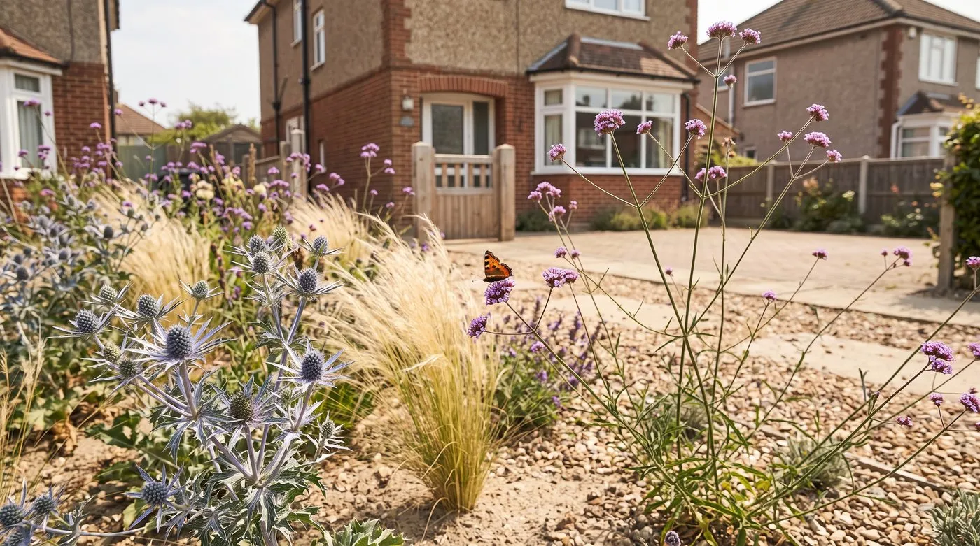 Sea holly, Verbena bonariensis and Stipa tenuissima growing in a dry, gravel-mulched front garden border
