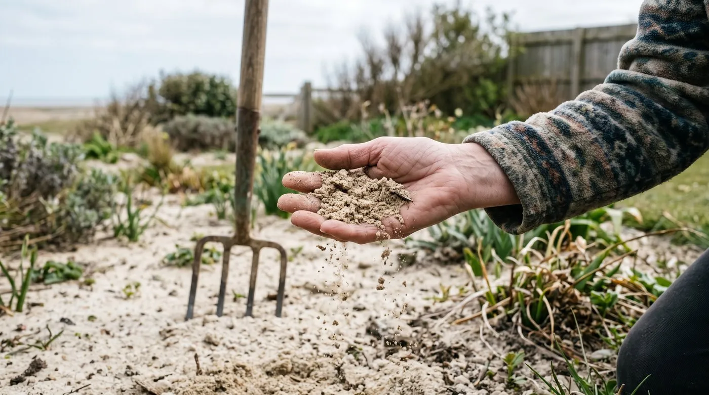 Hand holding a handful of gritty sandy soil that crumbles apart instead of holding its shape
