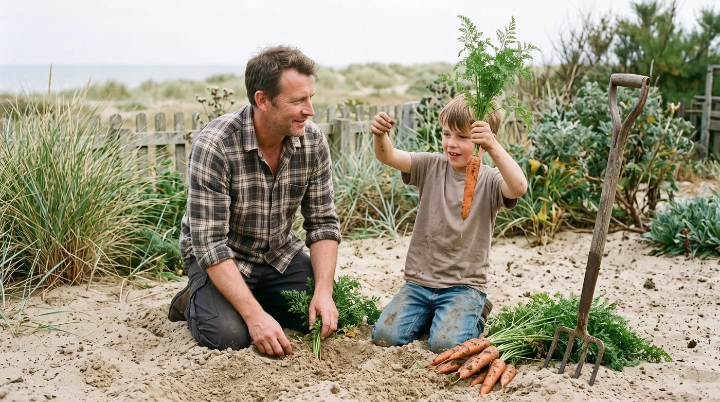 Father and son pulling long straight carrots from loose sandy soil in a seaside garden