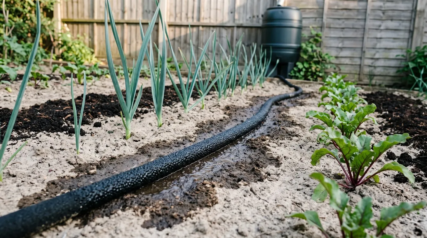 Seep hose trickling water along vegetable rows on light sandy soil