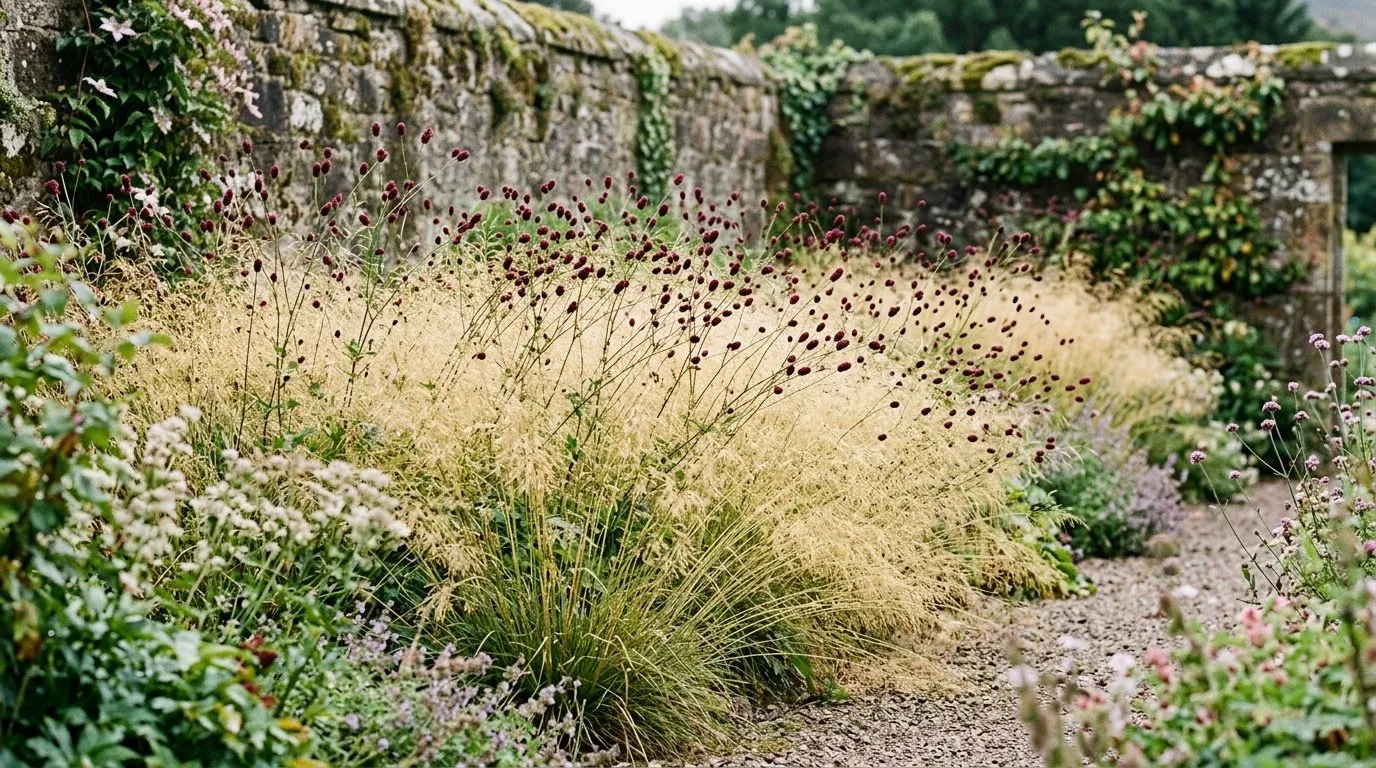 Sanguisorba bobble flowers rising through golden Deschampsia grass in a Scottish walled garden