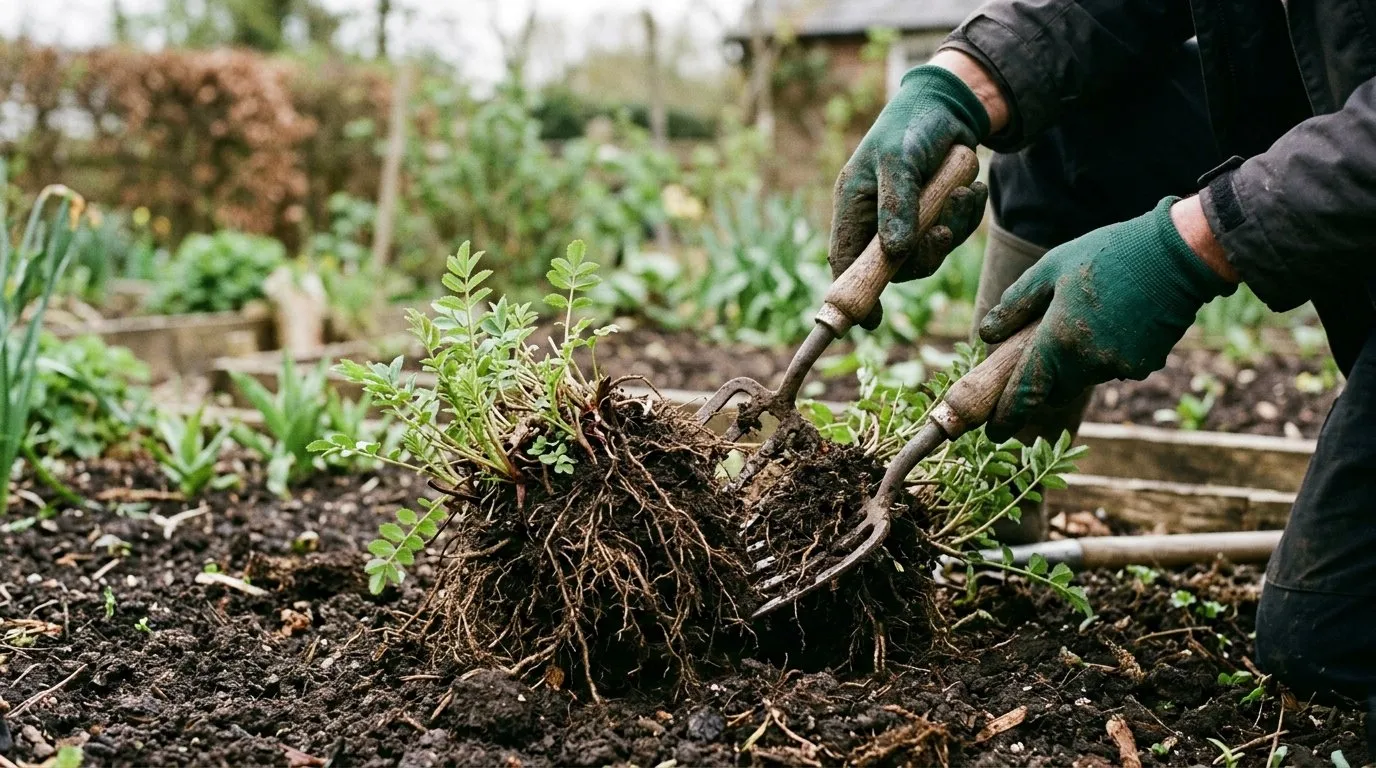 Dividing a clump of sanguisorba with two garden forks in spring in a cottage garden