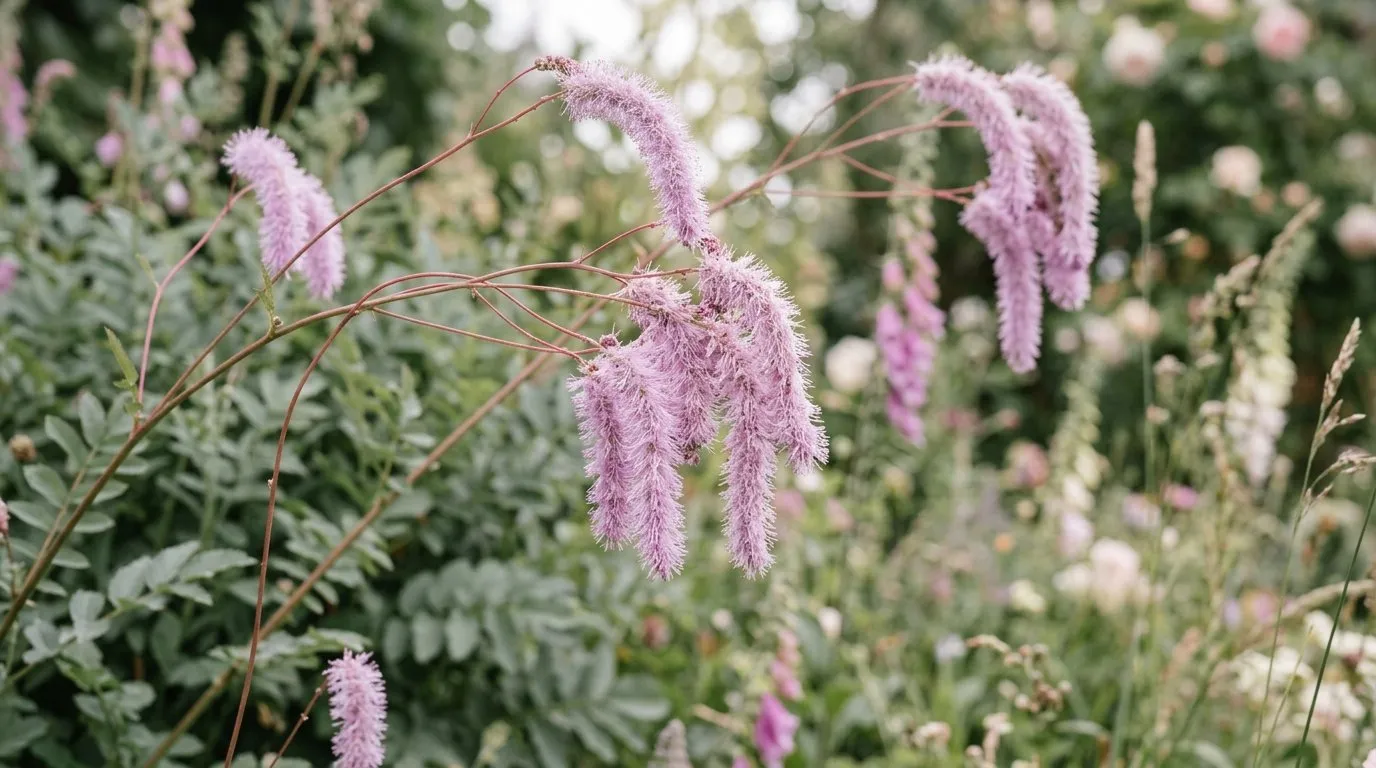 Close-up of sanguisorba 'Lilac Squirrel' drooping lilac tails in a Welsh cottage garden