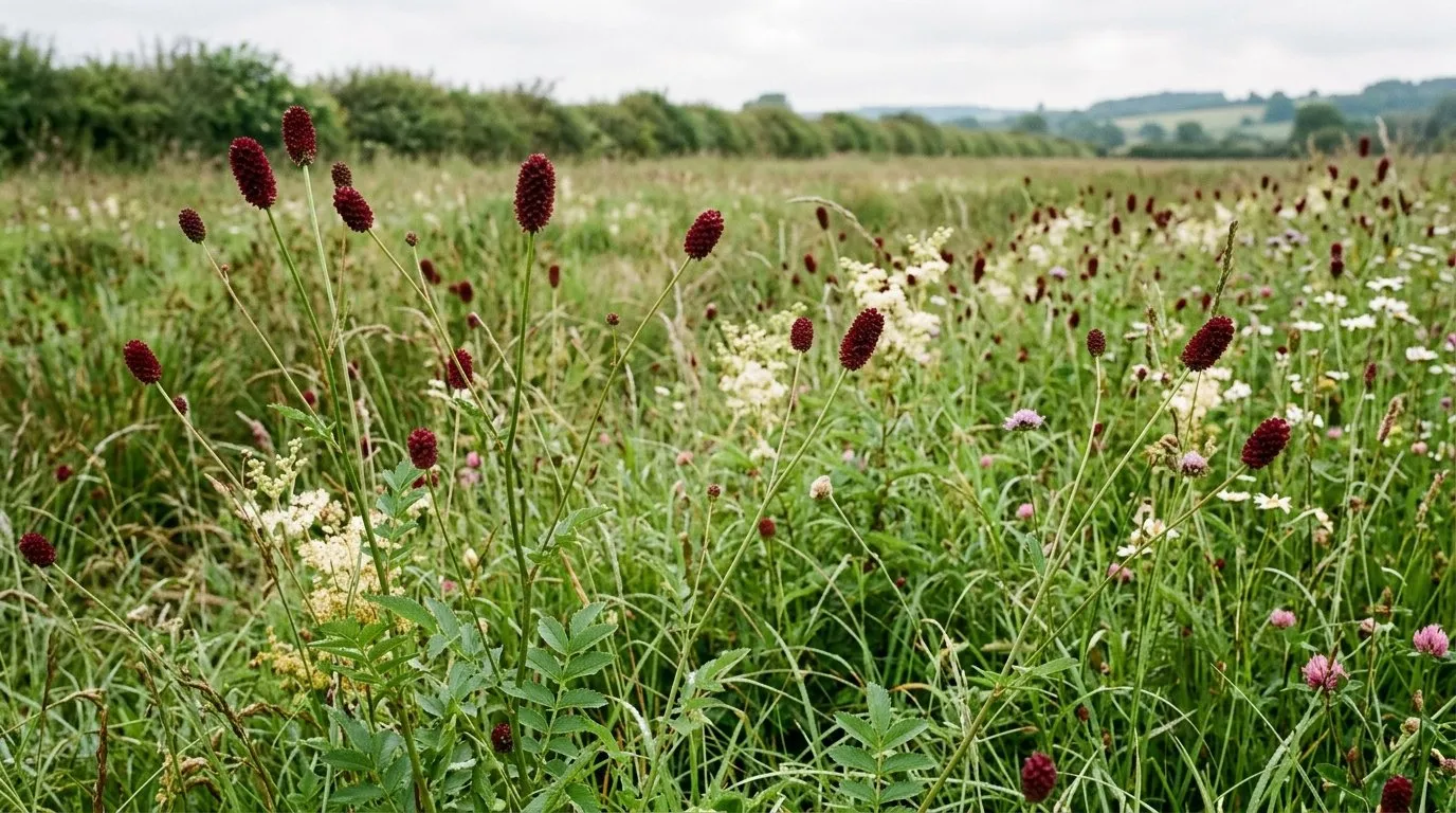 Native great burnet sanguisorba flowering in a damp West Midlands wildflower meadow