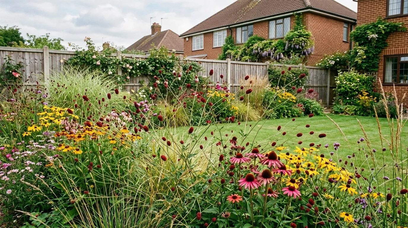 Sanguisorba threaded through a naturalistic prairie border in a UK suburban garden