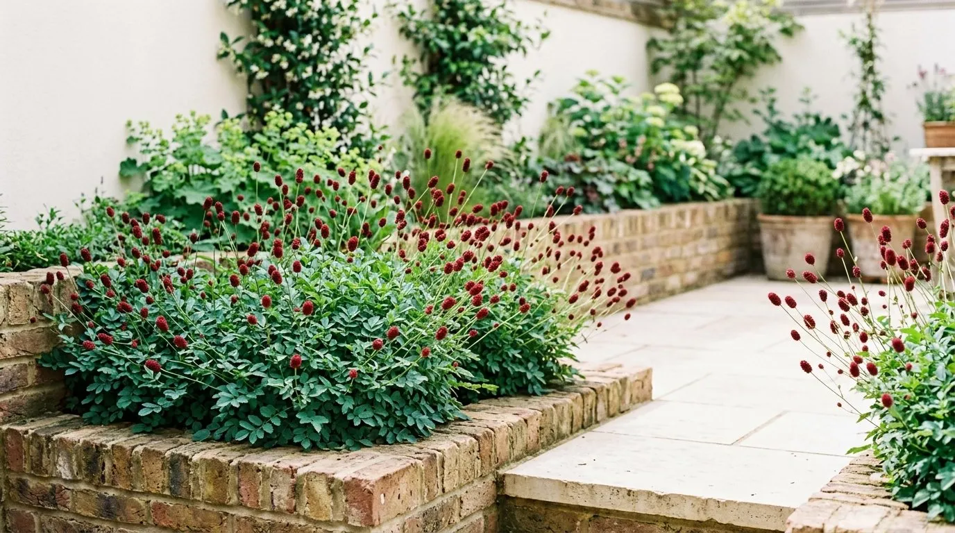 Compact sanguisorba 'Tanna' edging a raised brick bed in a small London courtyard garden
