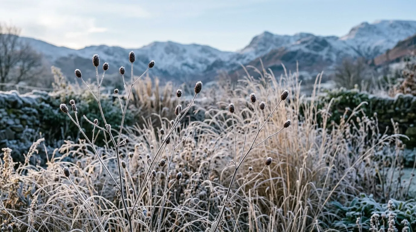 Frosted sanguisorba seed heads standing in a Lake District garden in winter